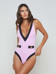 Lisa Plunge One-Piece Swimsuit in Light Violet/Black