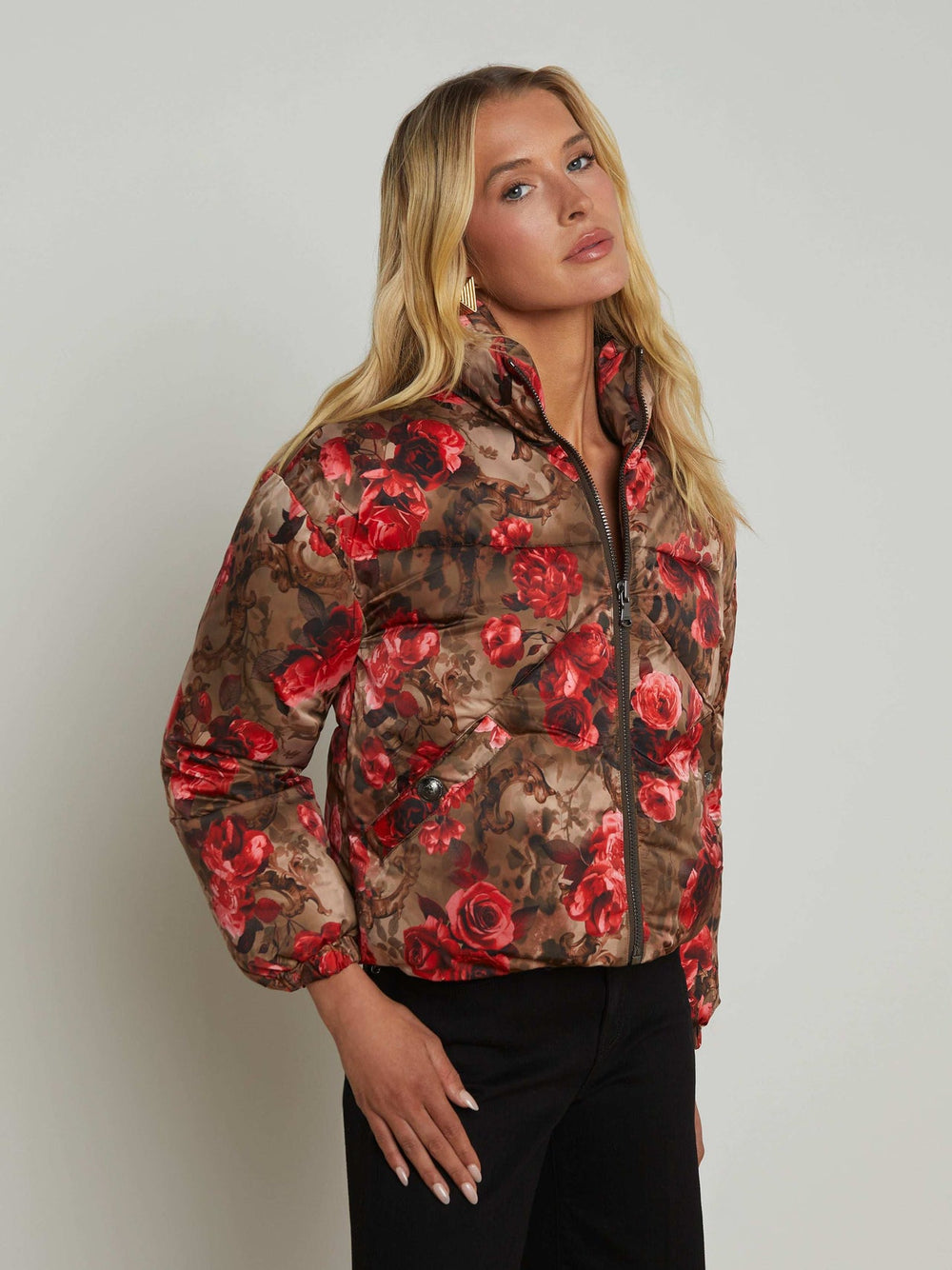Jessi Cropped Puffer Jacket in Army/Pink Floral Cheetah