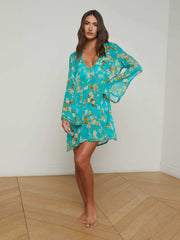 Ansley Cover-Up Dress in Teal Multi Watercolor Cherry Blossom