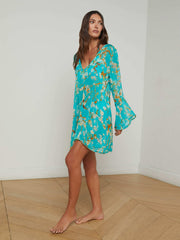 Ansley Cover-Up Dress in Teal Multi Watercolor Cherry Blossom