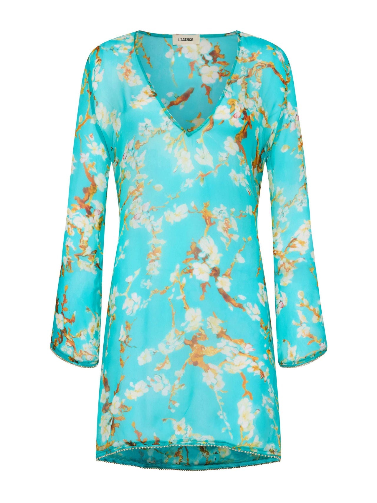 Ansley Cover-Up Dress in Teal Multi Watercolor Cherry Blossom