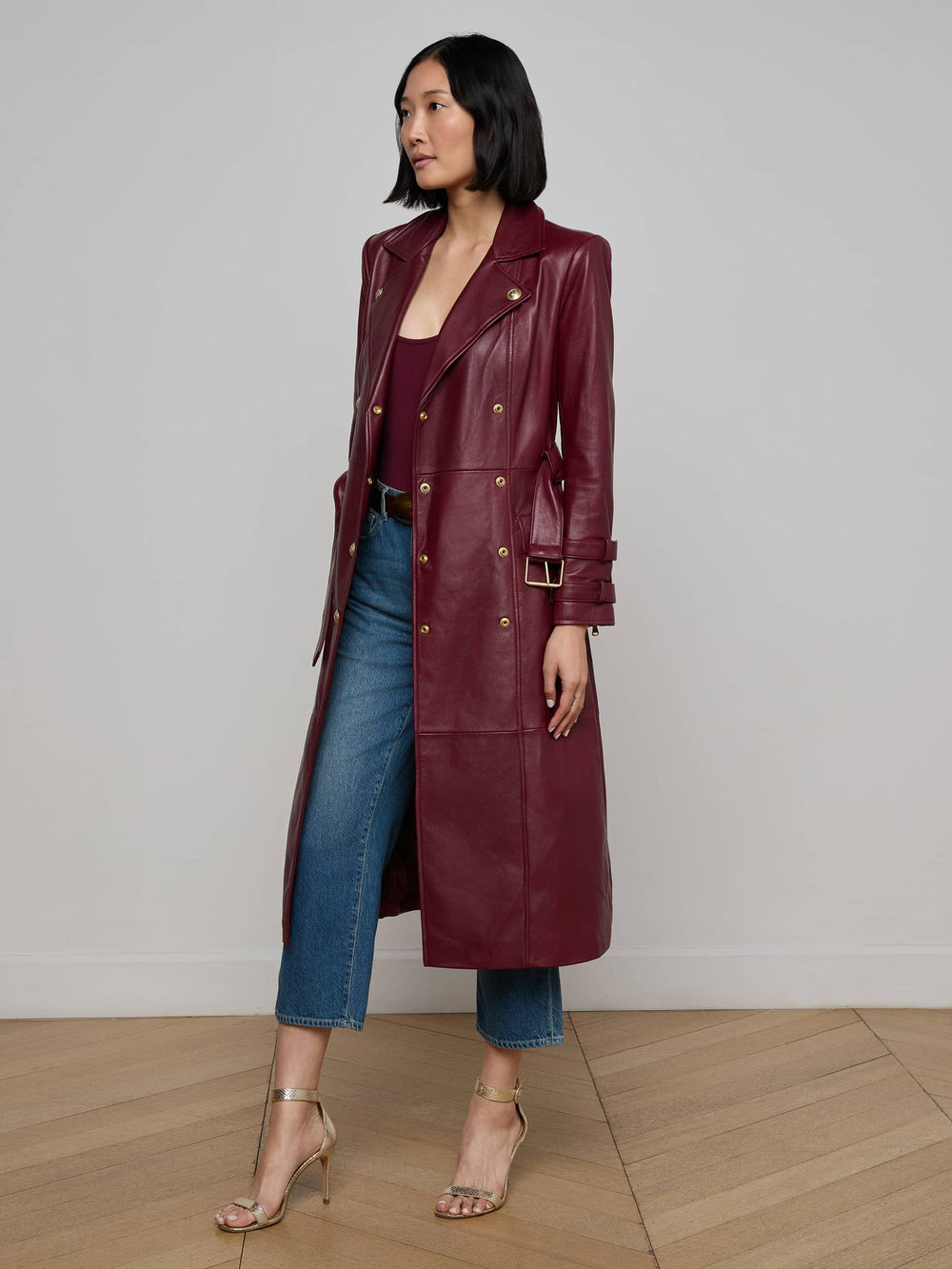Celina Leather Trench Coat in Black Cherry