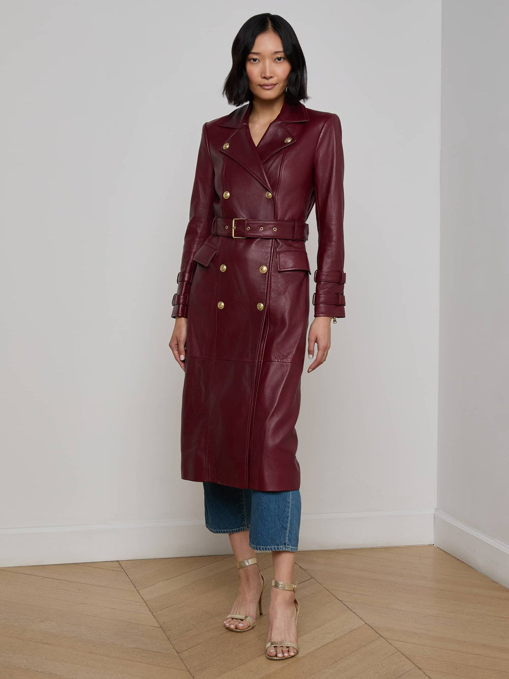 Celina Leather Trench Coat in Black Cherry