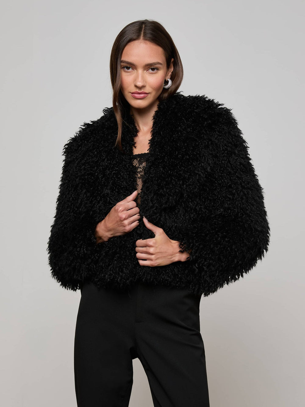 Aura Cropped Faux Fur Jacket in Black