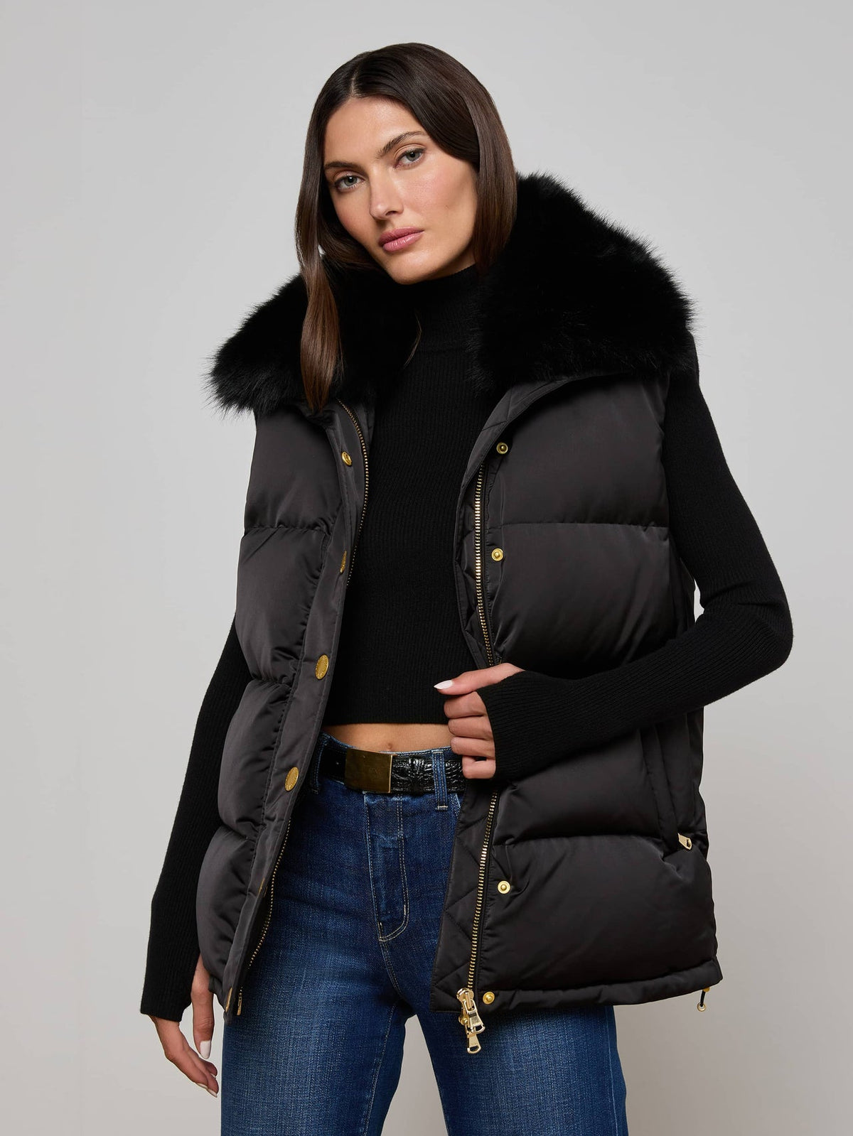 Nalo Faux Fur Puffer Vest in Black