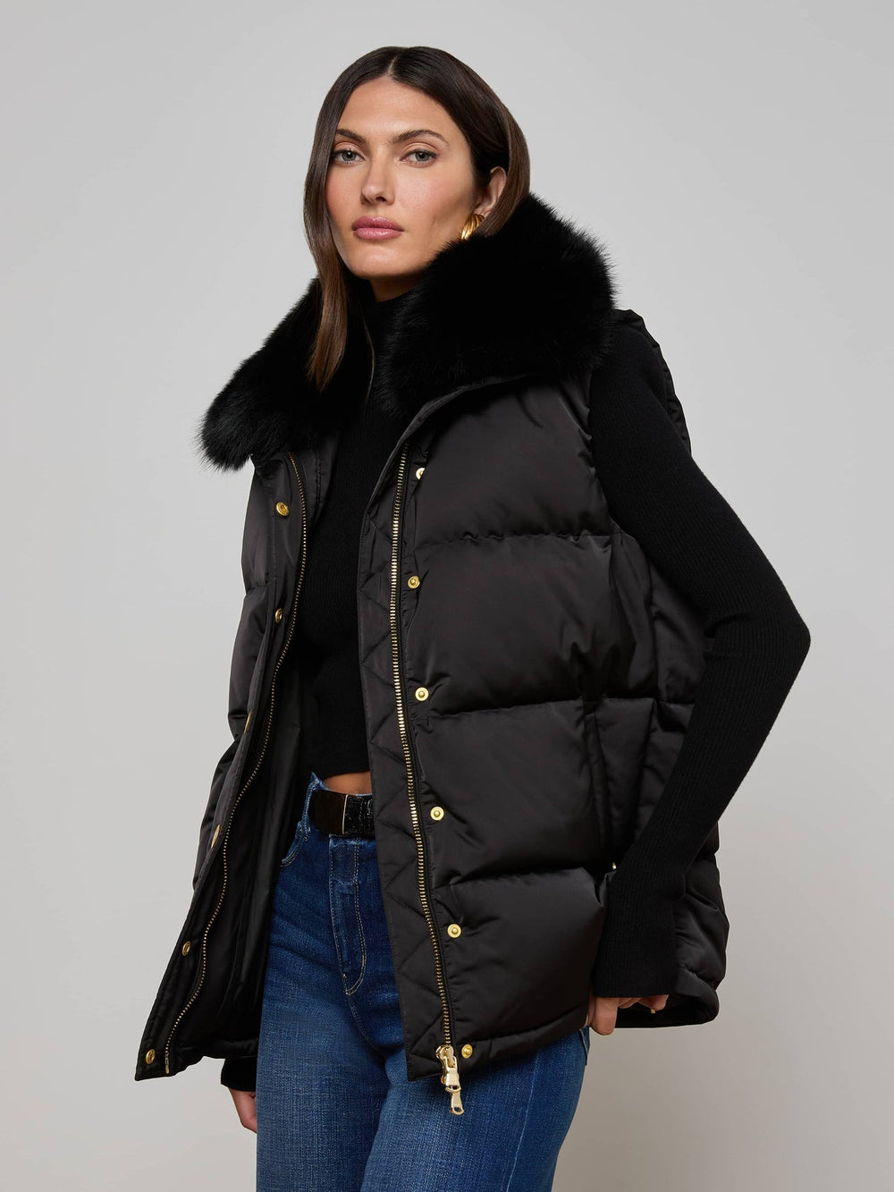 Nalo Faux Fur Puffer Vest in Black
