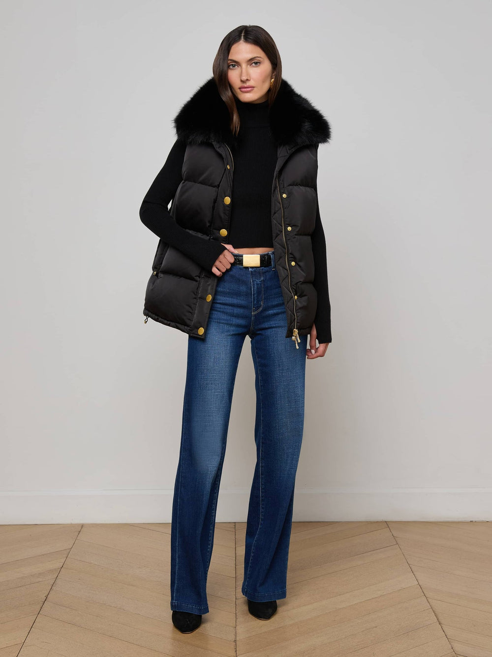 Nalo Faux Fur Puffer Vest in Black