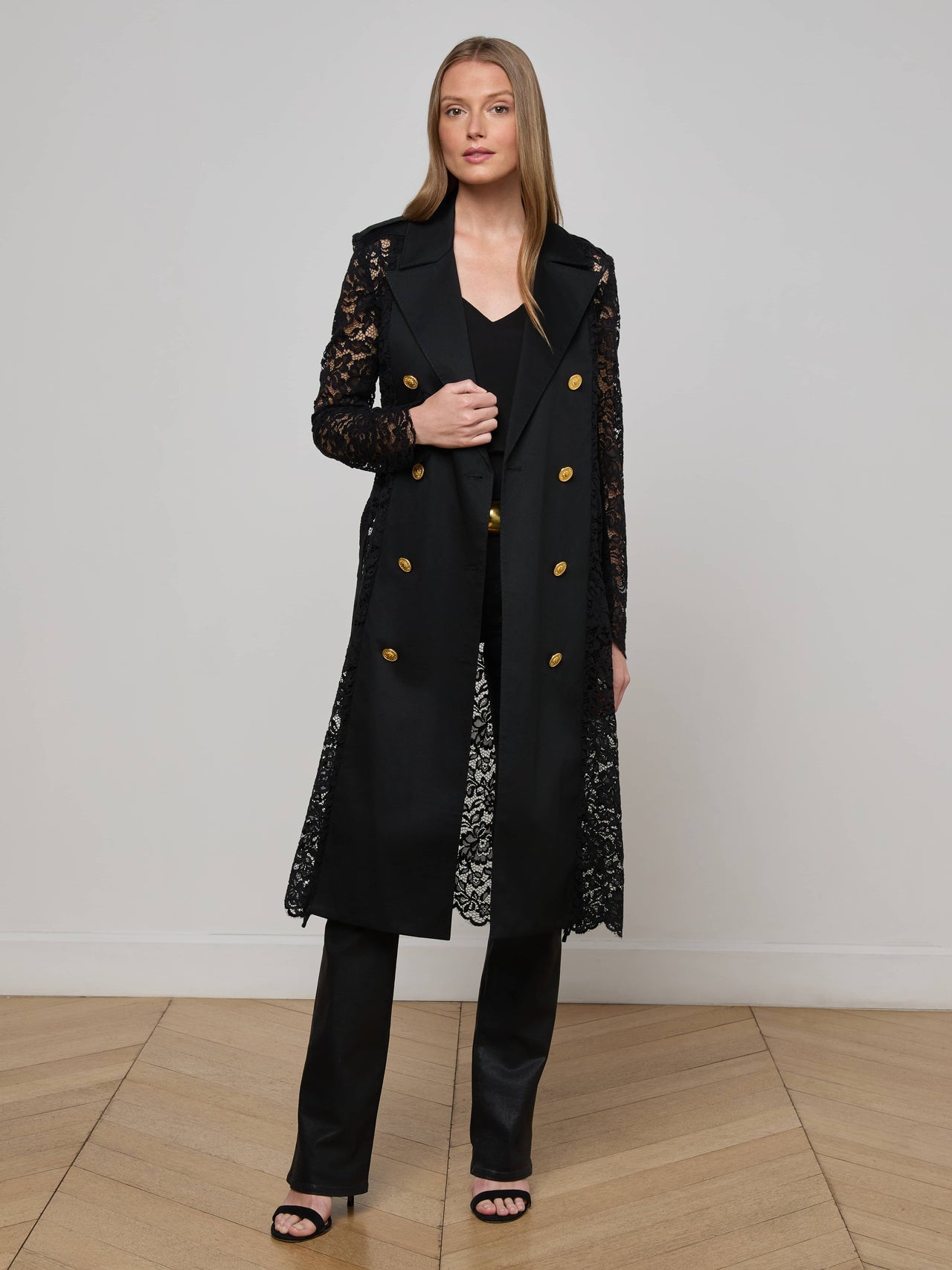 Amata Lace Trench Coat in Black