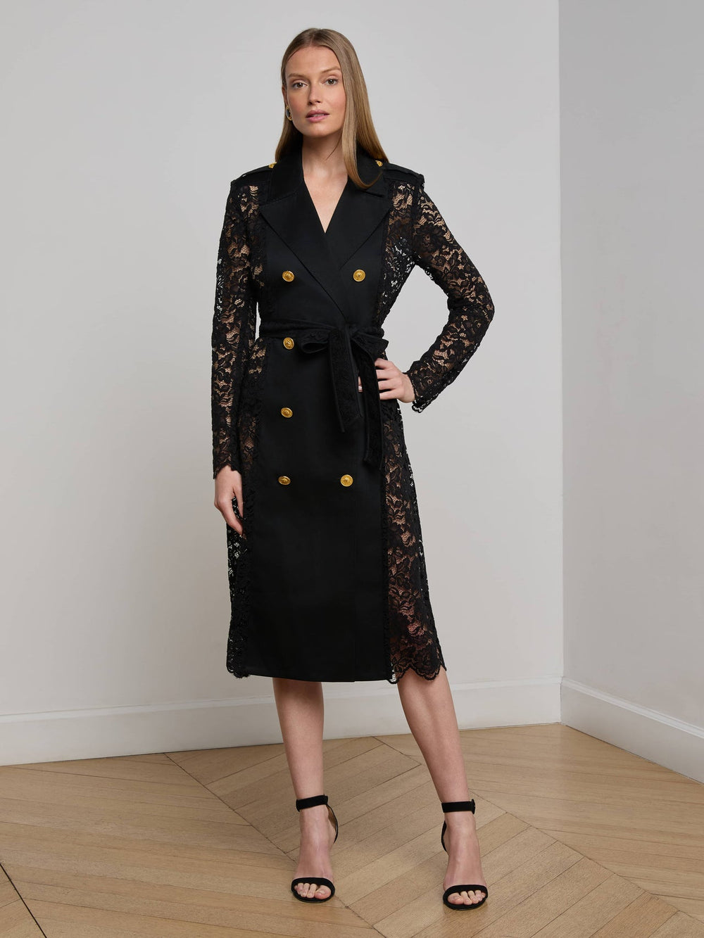 Amata Lace Trench Coat in Black