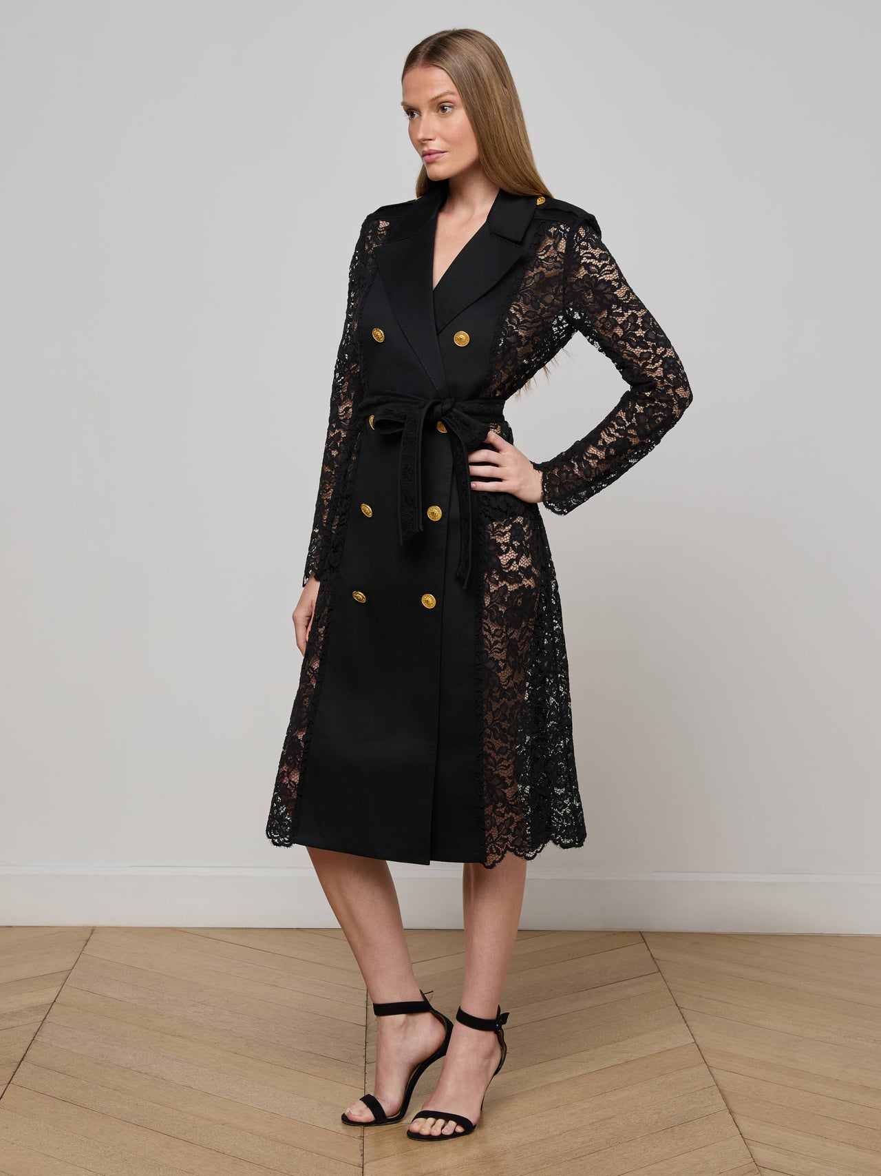 Amata Lace Trench Coat in Black