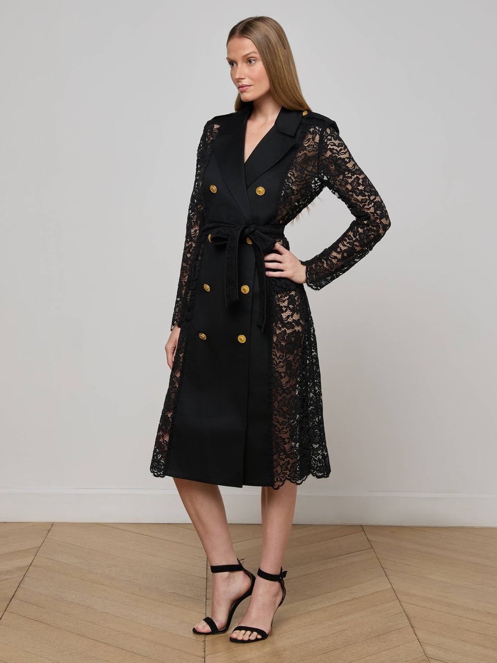 Amata Lace Trench Coat in Black