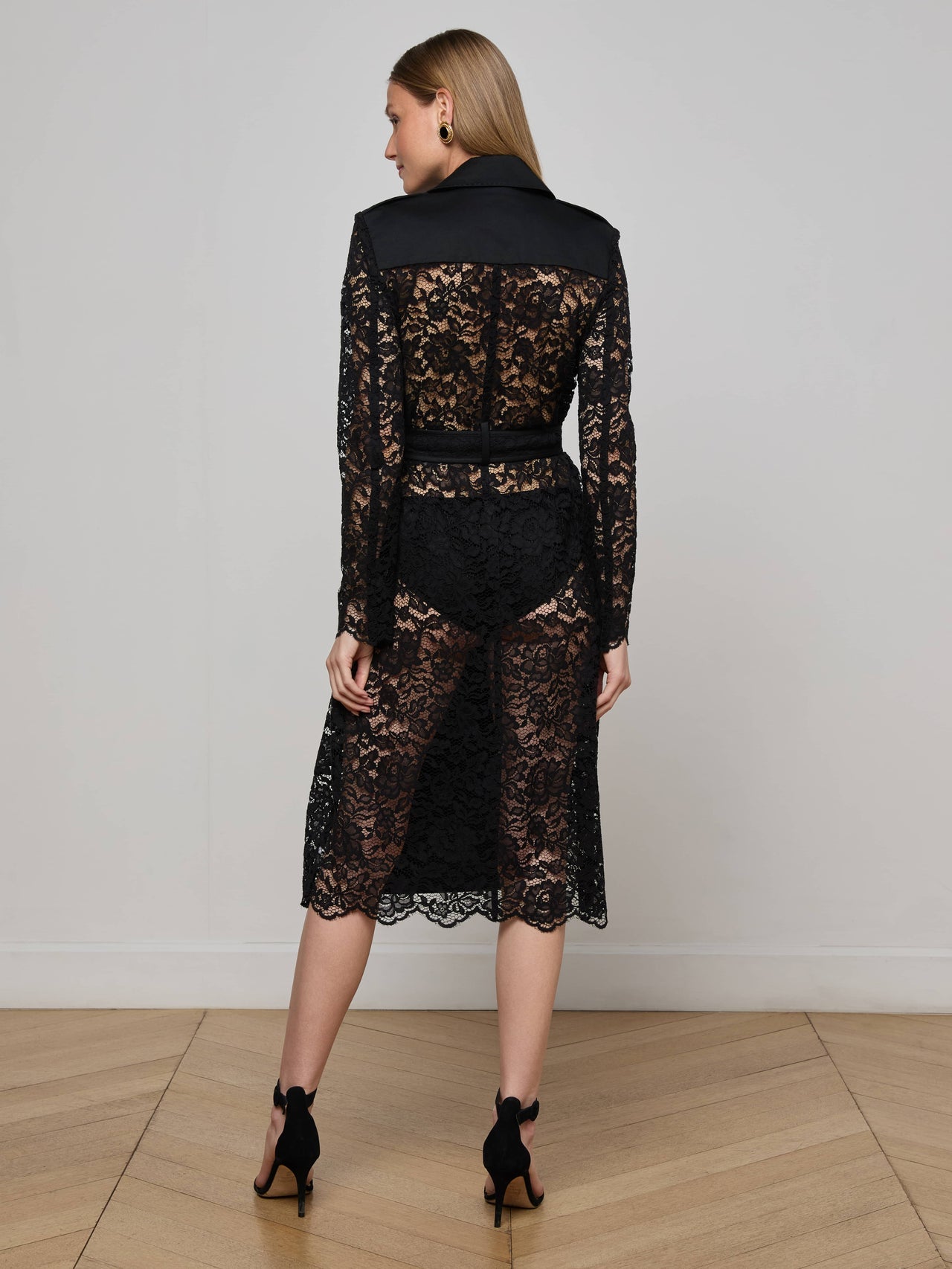 Amata Lace Trench Coat in Black