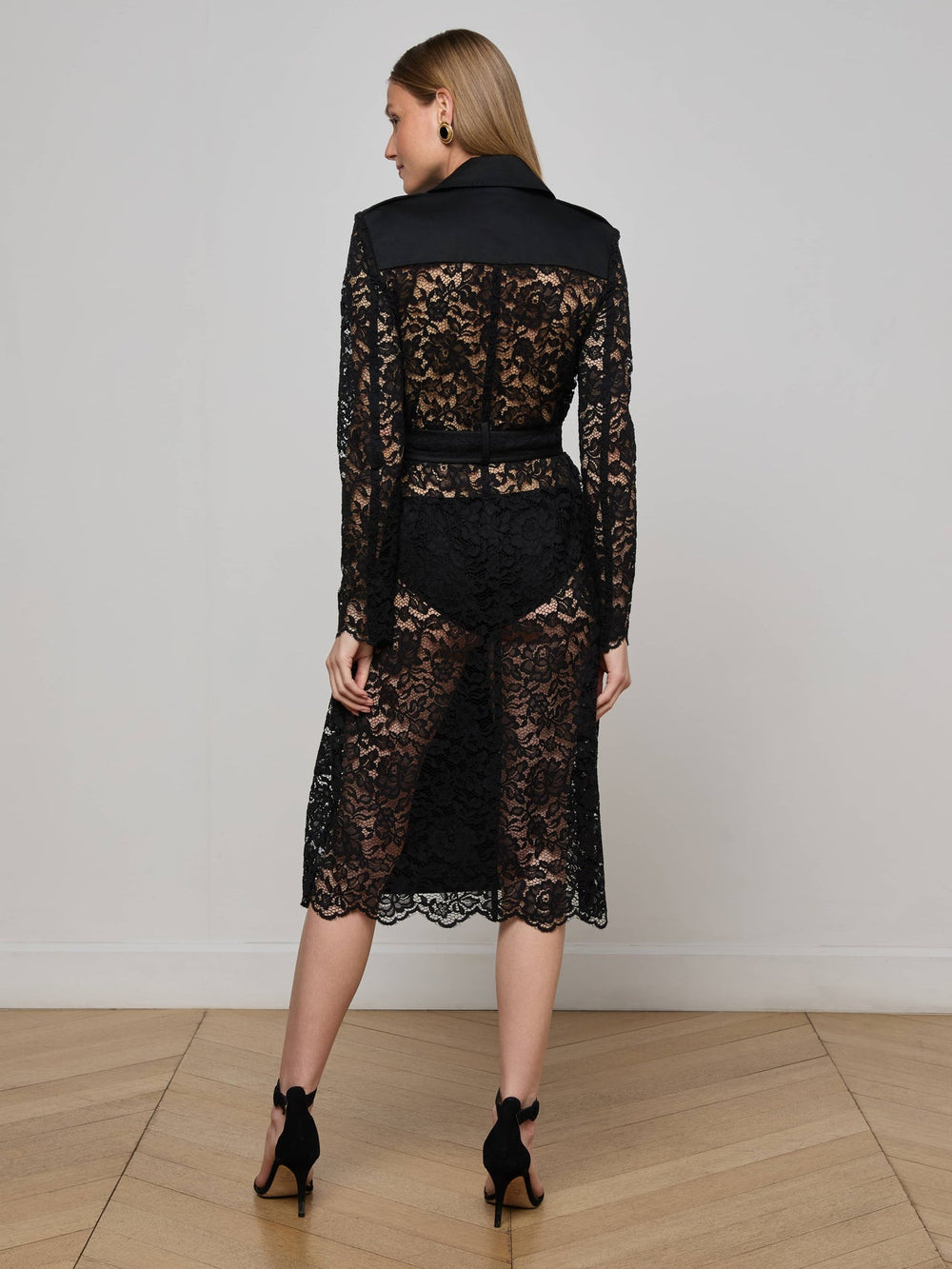 Amata Lace Trench Coat in Black