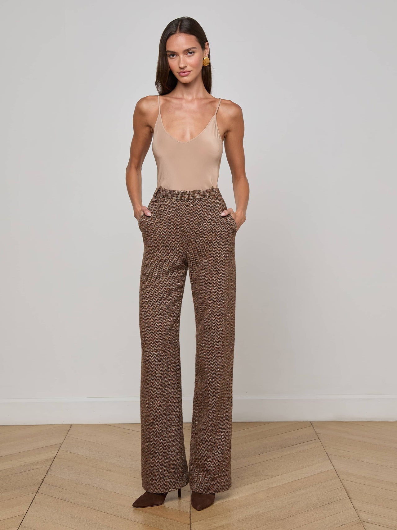 Livvy Straight-Leg Trouser in Brown Herringbone