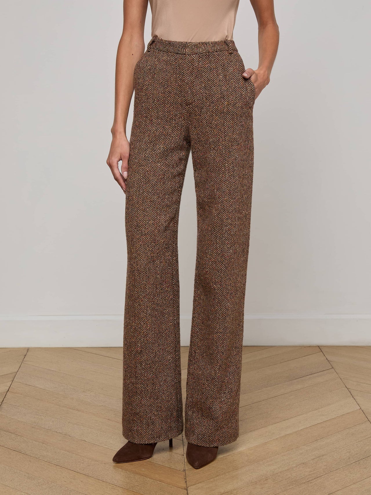 Livvy Straight-Leg Trouser in Brown Herringbone