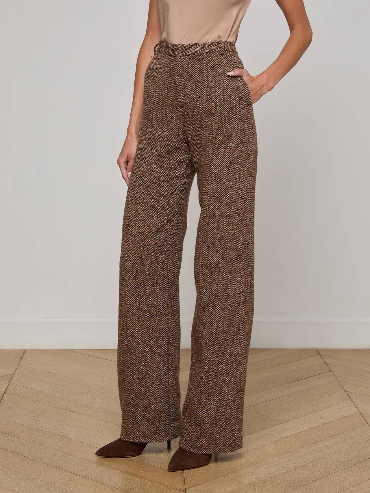 Livvy Straight-Leg Trouser in Brown Herringbone
