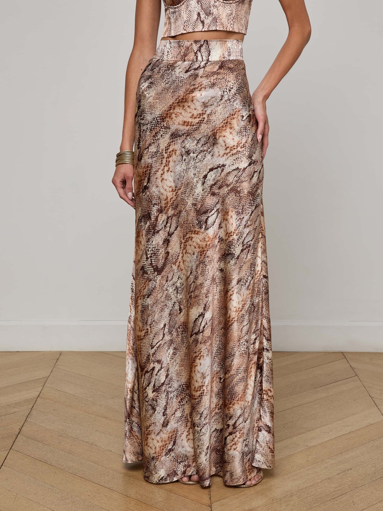 Ryker Silk Maxi Skirt in Tan Multi Western Snake