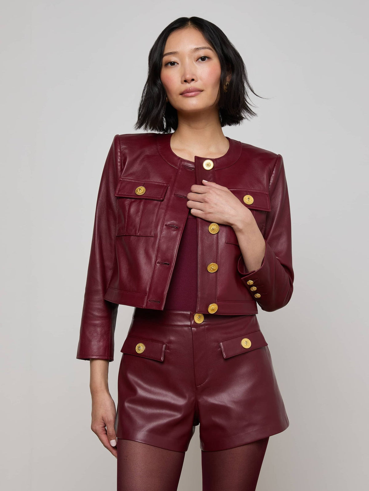 Deidra Cropped Leather Jacket in Black Cherry