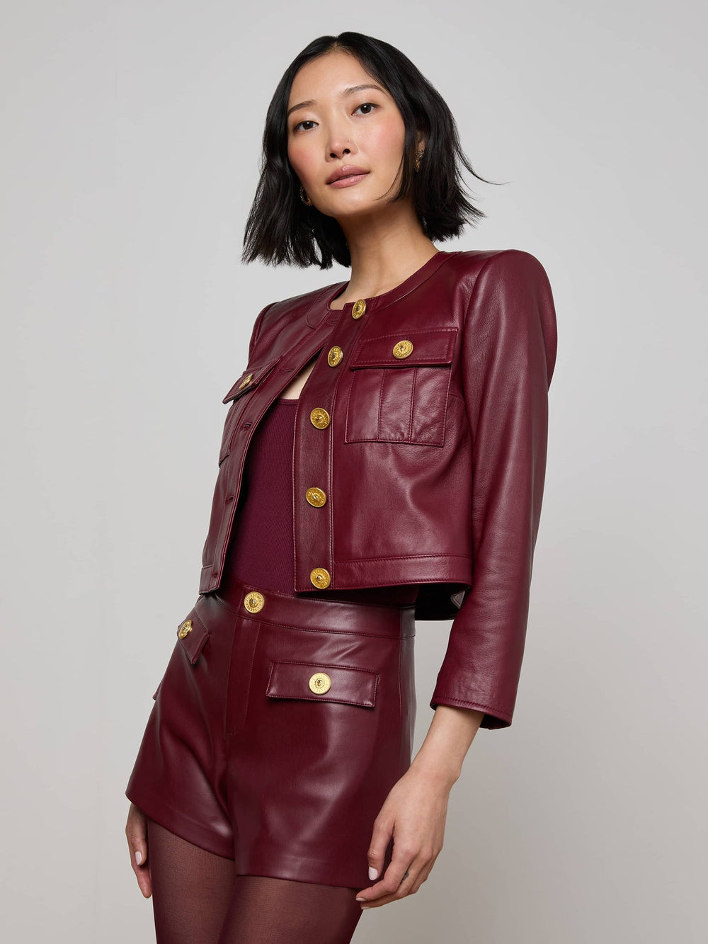 Deidra Cropped Leather Jacket in Black Cherry