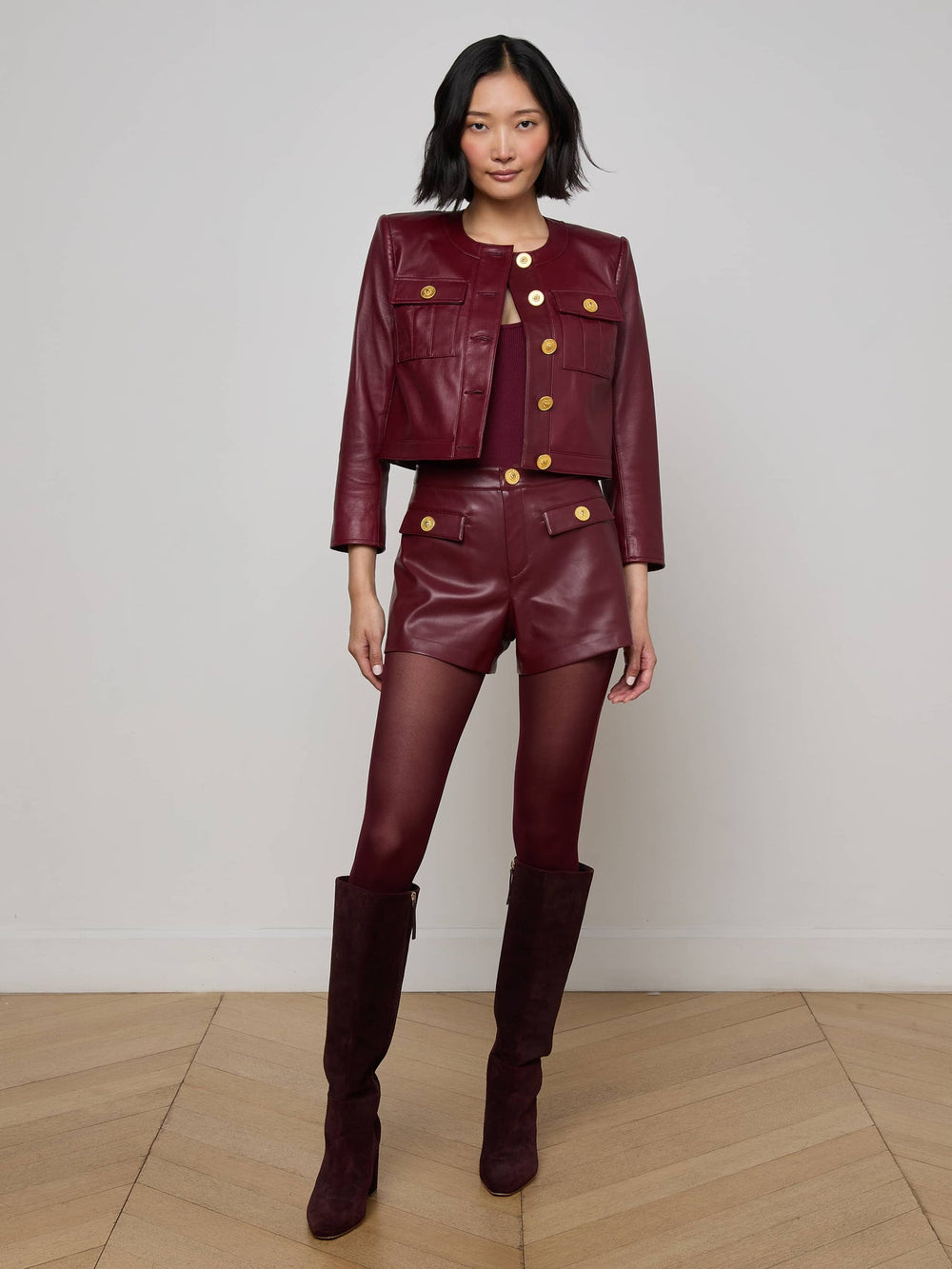 Deidra Cropped Leather Jacket in Black Cherry