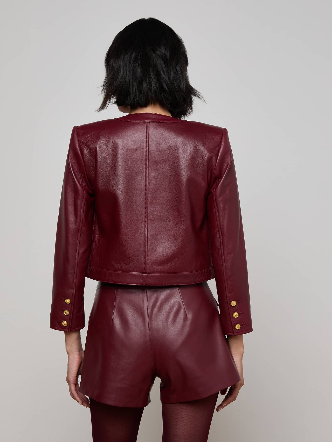 Deidra Cropped Leather Jacket in Black Cherry