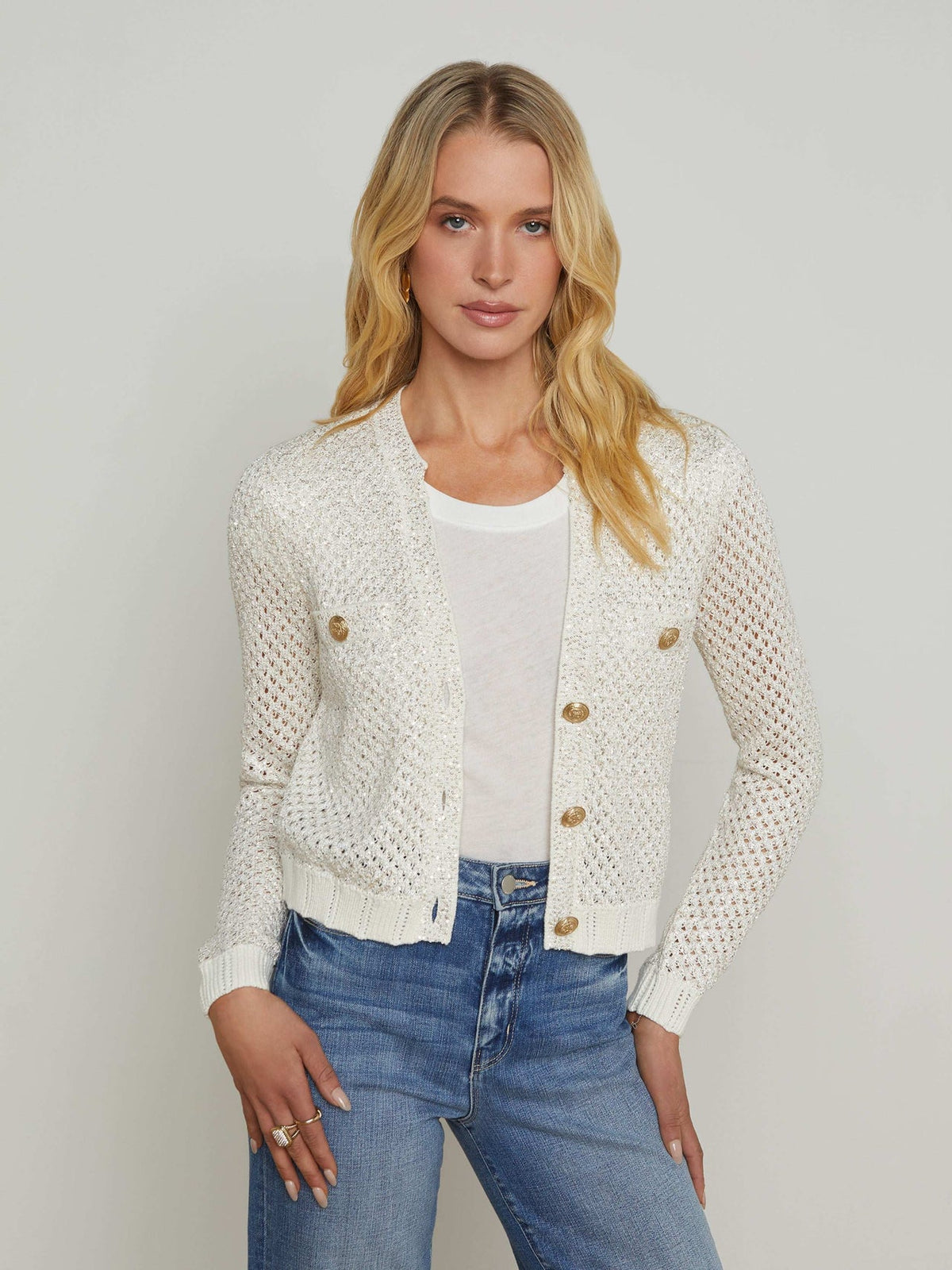 Blanca Sequin Cardigan in Ivory/Gold
