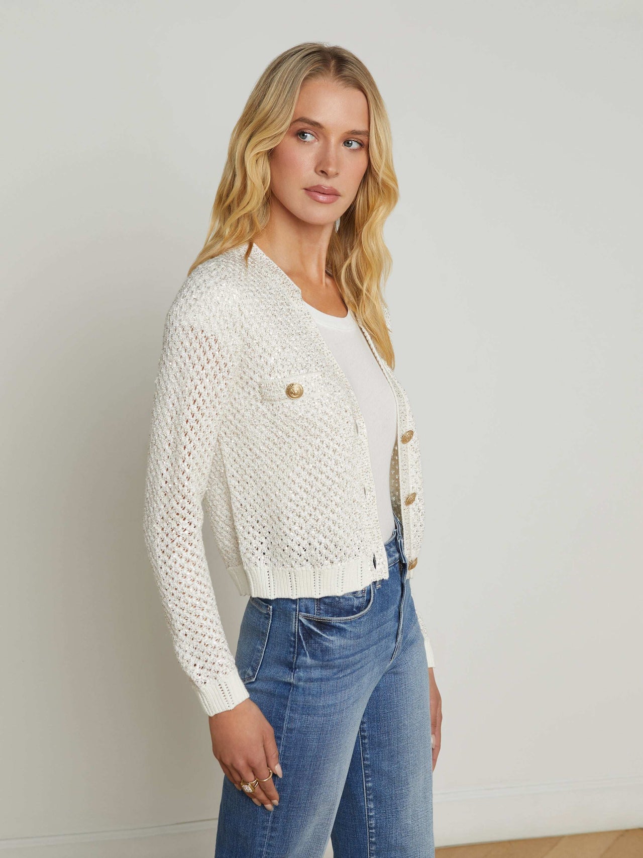 Blanca Sequin Cardigan in Ivory/Gold