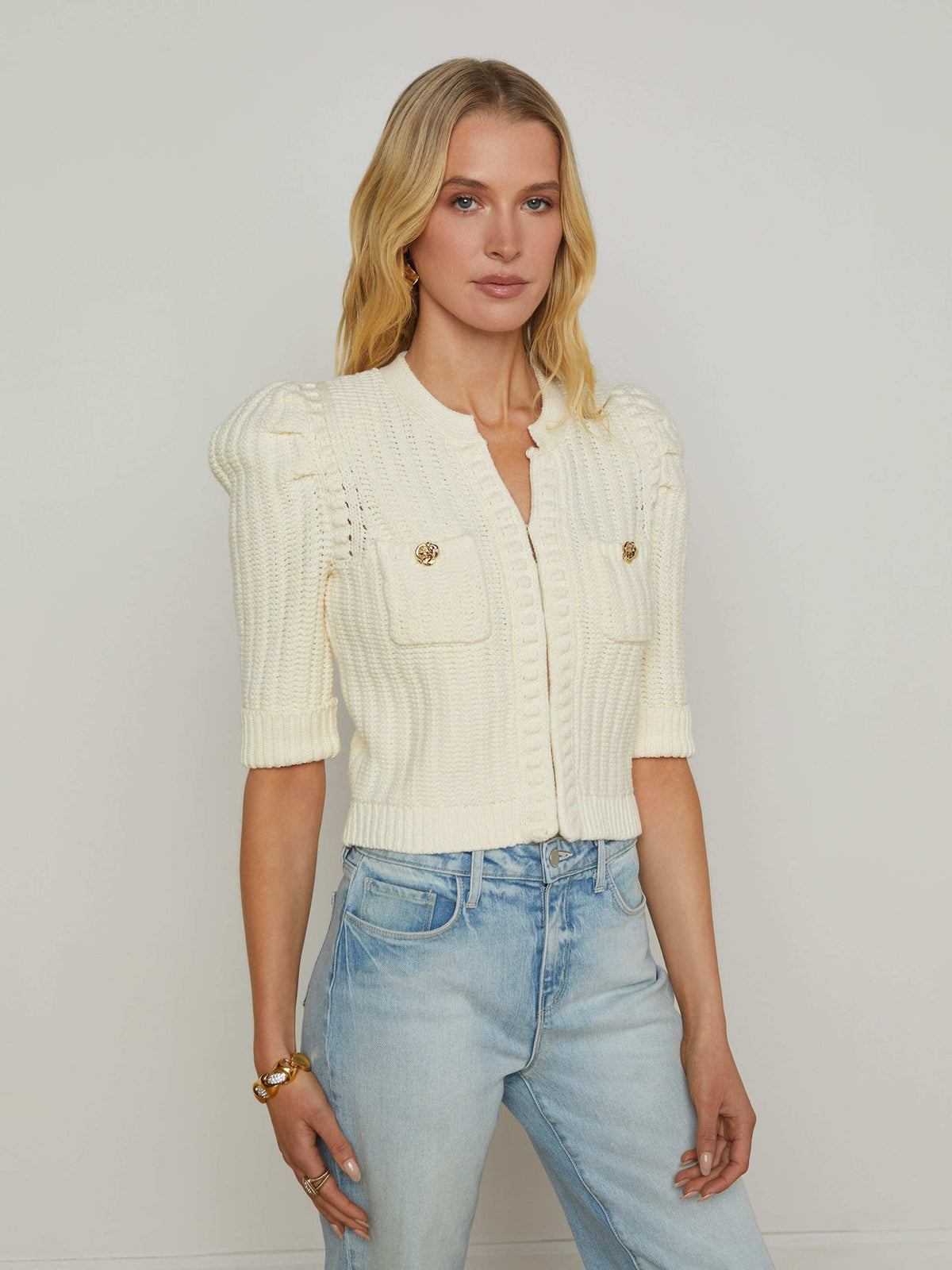 Delilah Cropped Cardigan in Vintage White/Gold Knot