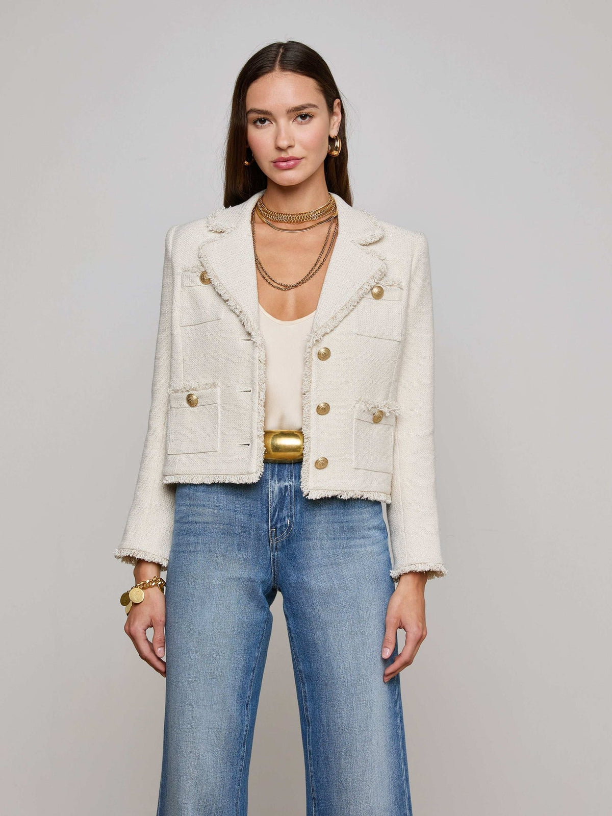 Sylvia Tweed Jacket in Ivory/Light Gold