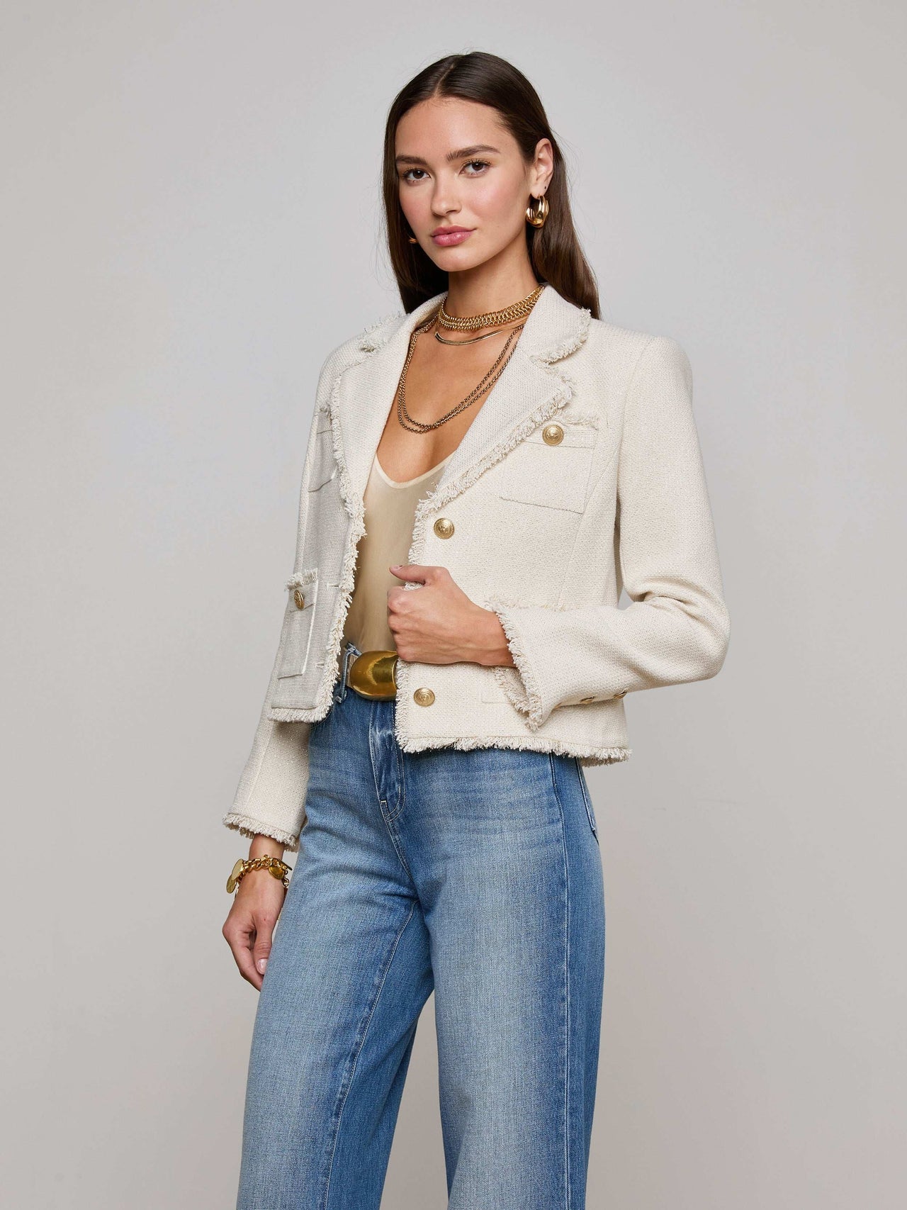 Sylvia Tweed Jacket in Ivory/Light Gold
