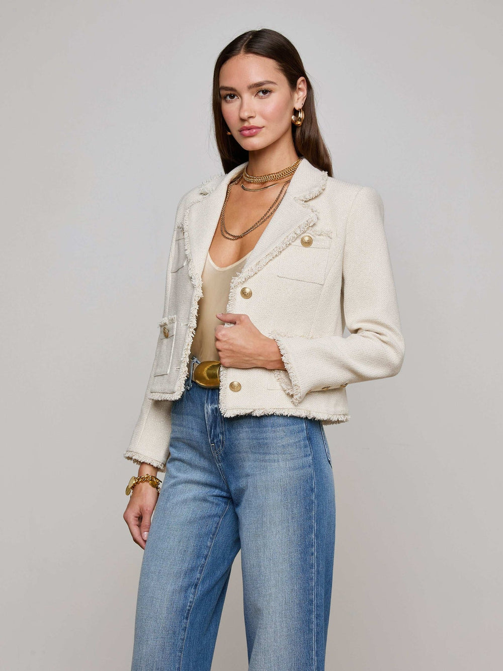Sylvia Tweed Jacket in Ivory/Light Gold