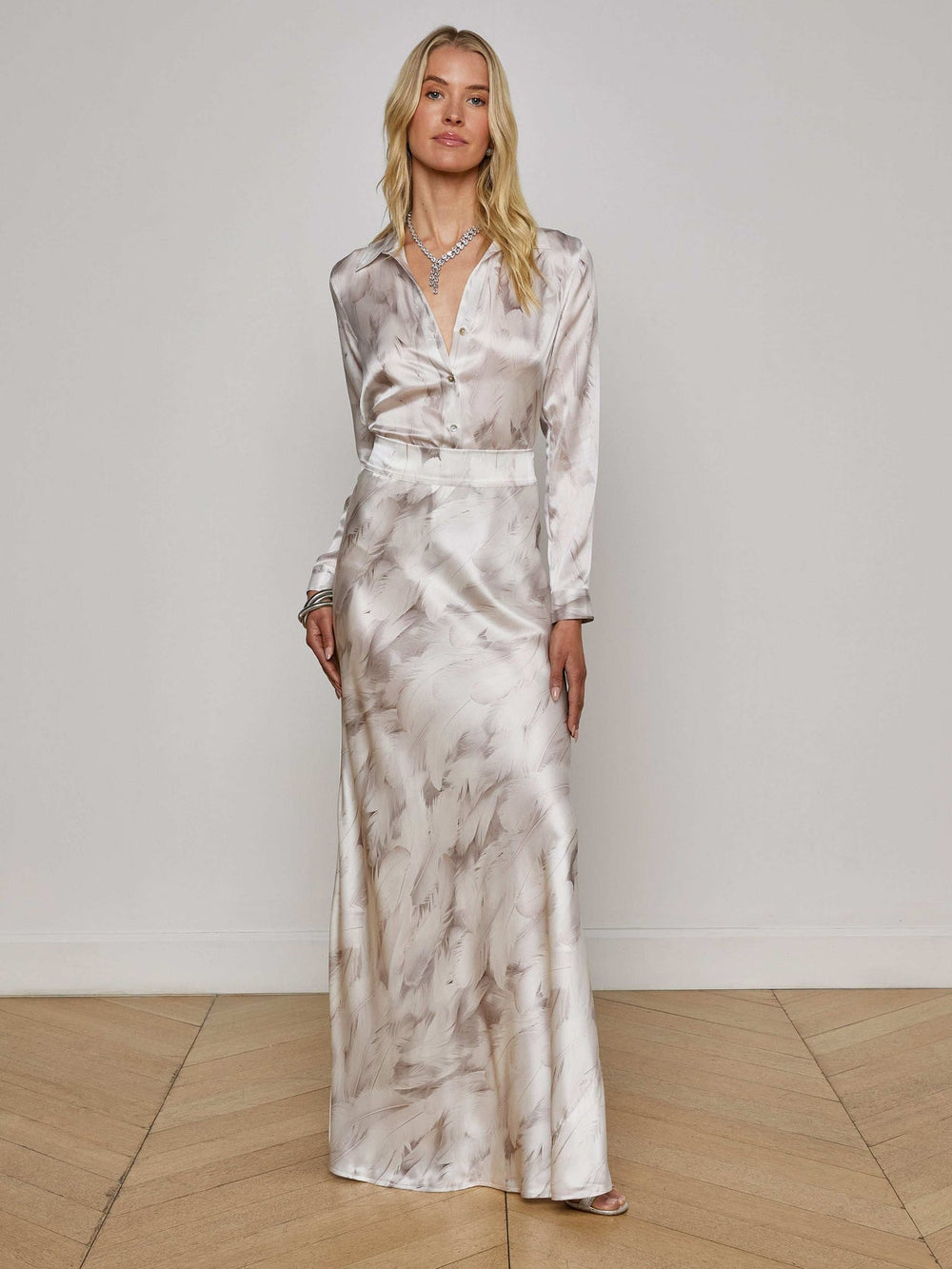 Ryker Silk Maxi Skirt in White Feather Print