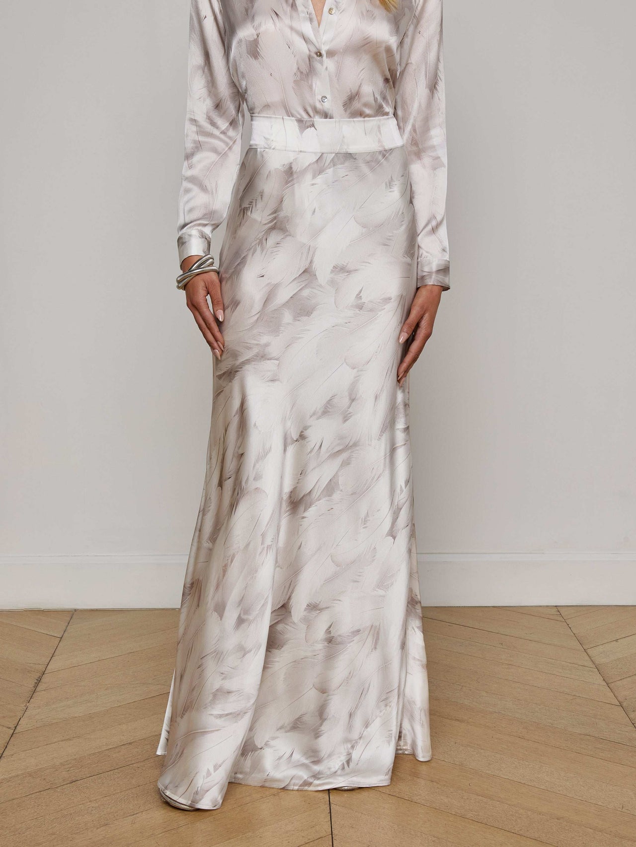 Ryker Silk Maxi Skirt in White Feather Print