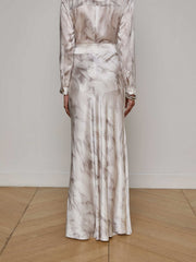 Ryker Silk Maxi Skirt in White Feather Print