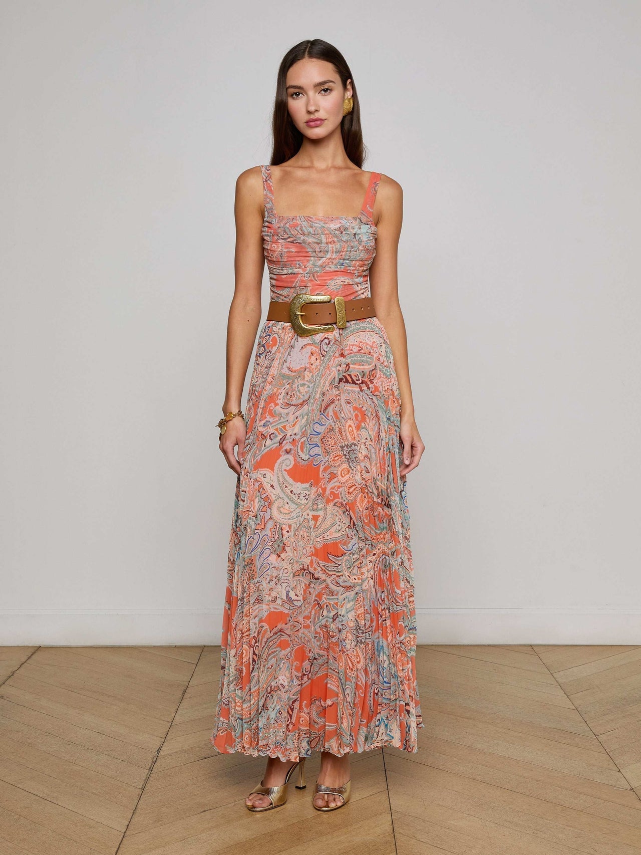 Orange Torin Pleated Maxi Skirt in Light Blue Paisley Print