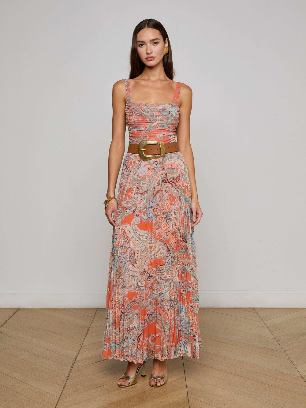 Orange Torin Pleated Maxi Skirt in Light Blue Paisley Print