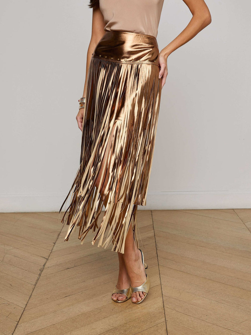 Karolina Fringe Skirt in Metallic Bronze Gold
