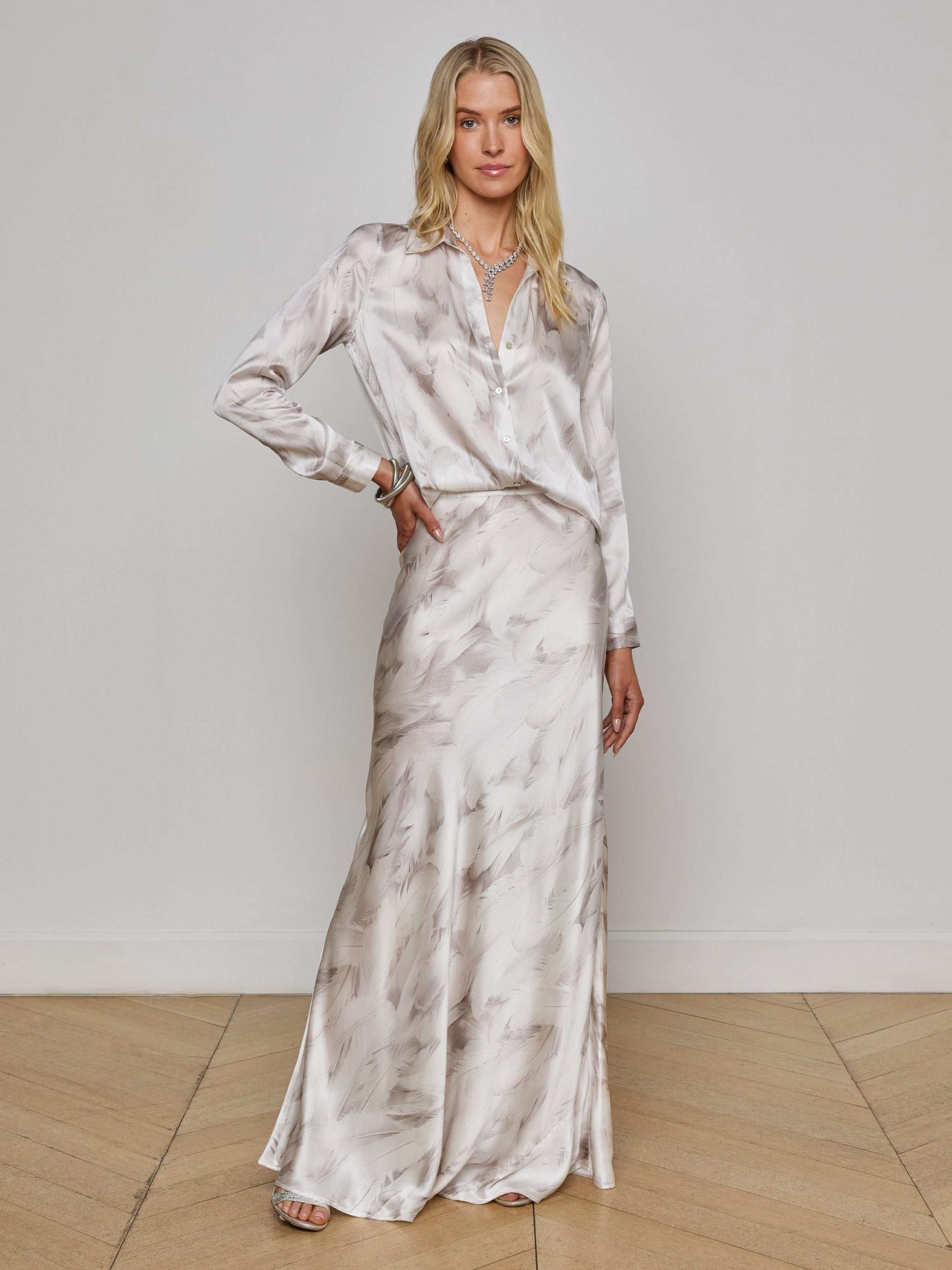 Tyler Silk Blouse in White Feather Print