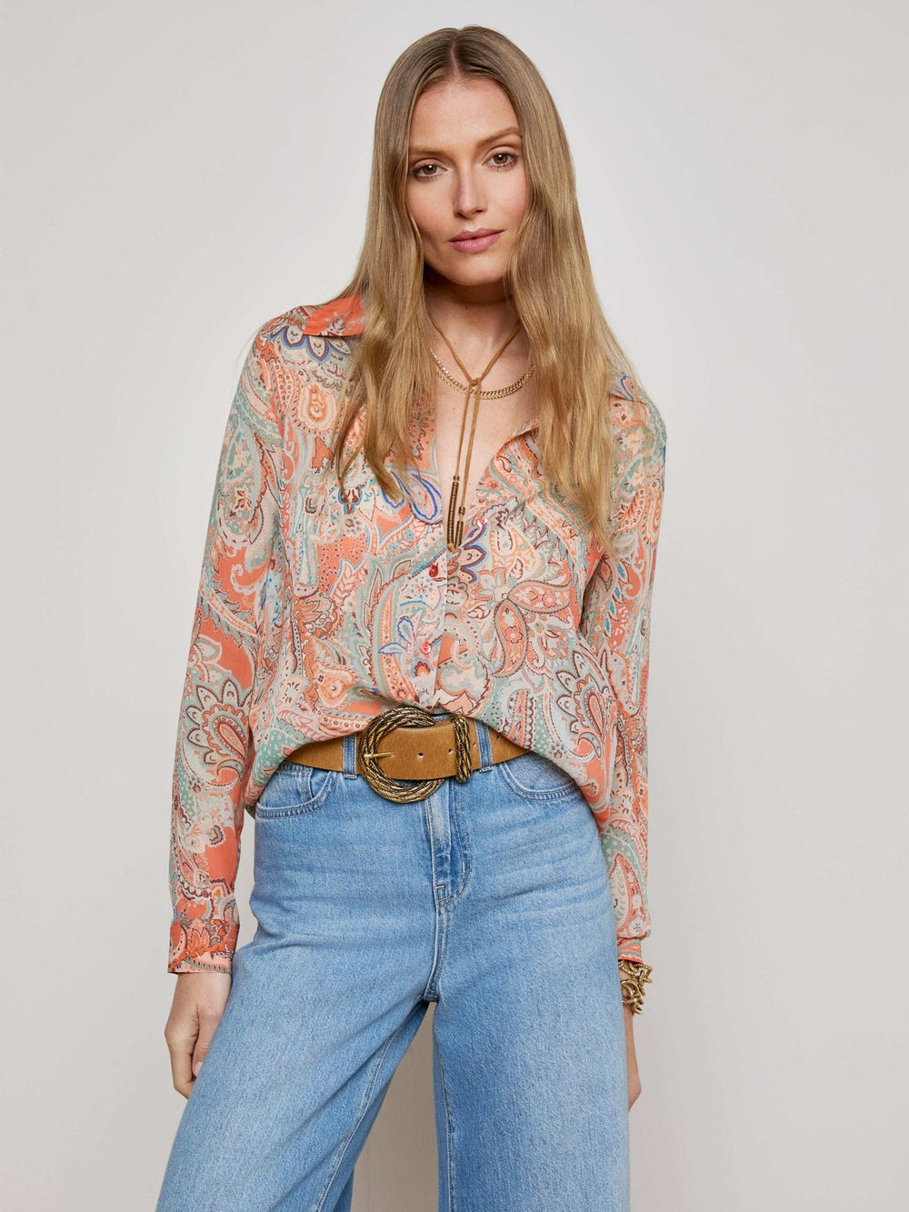 Orange Laurent Paisley Blouse in Light Blue Paisley Print