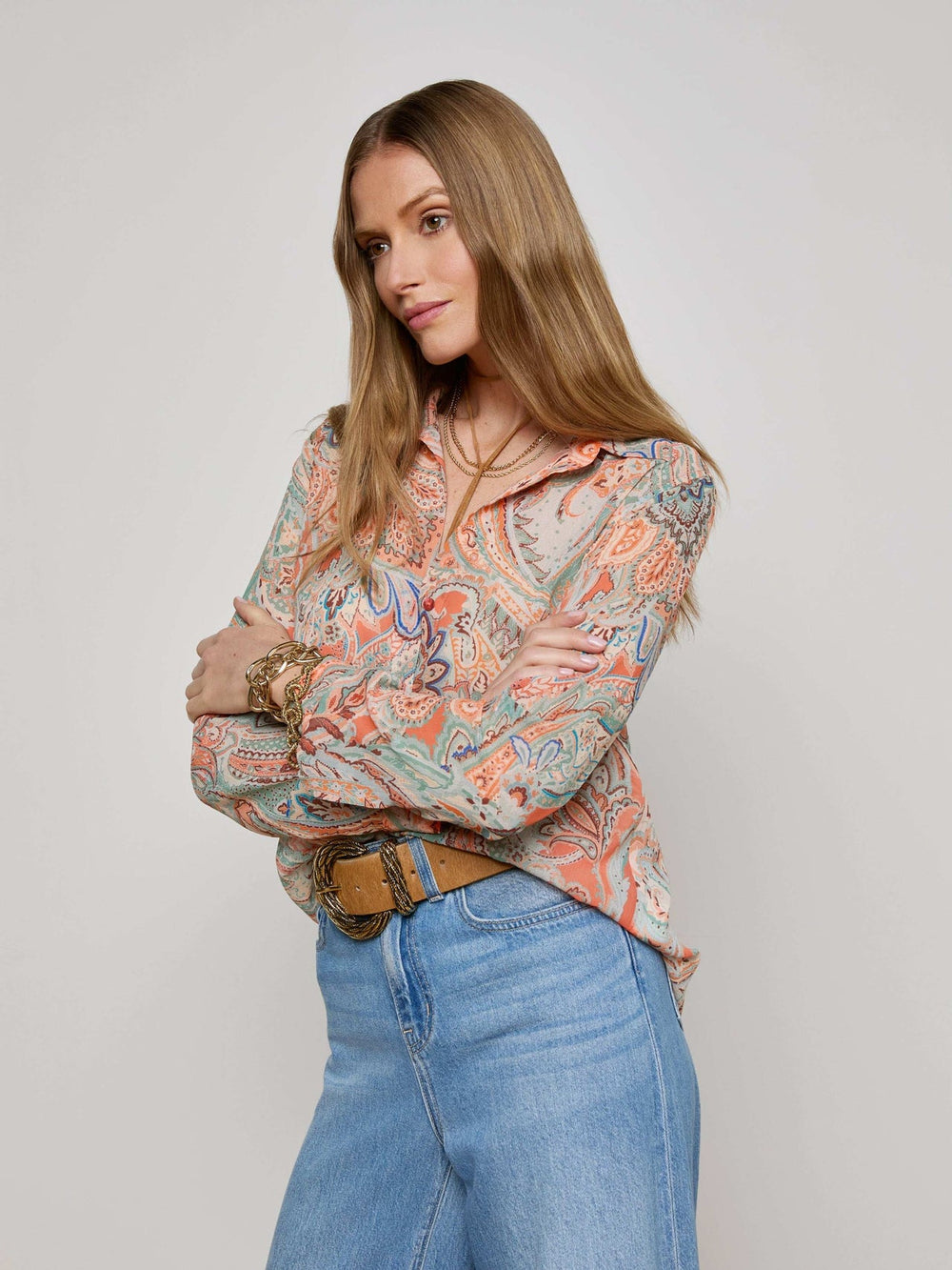 Orange Laurent Paisley Blouse in Light Blue Paisley Print