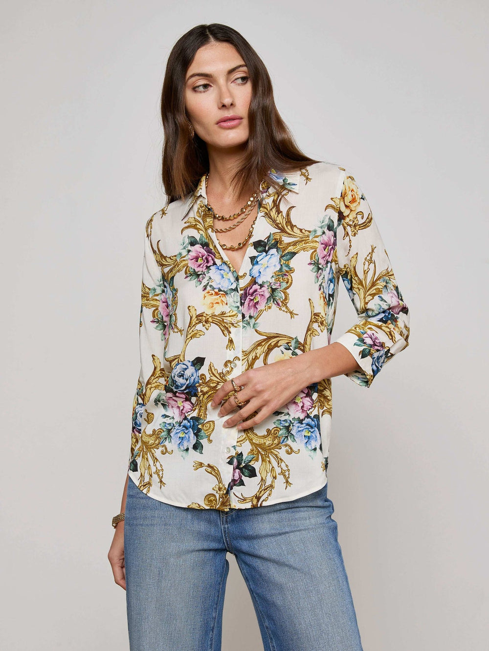 Camille Blouse in Vintage White Small Floral Baroque