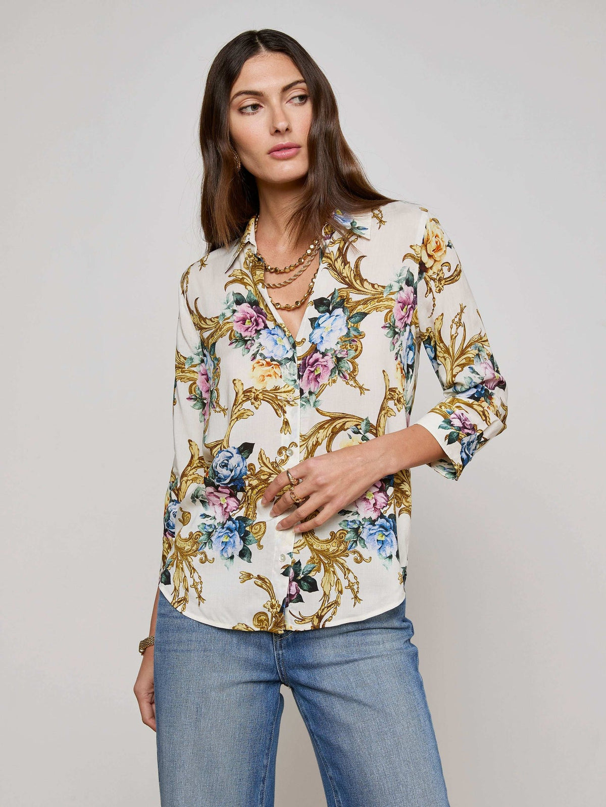 Camille Blouse in Vintage White Small Floral Baroque