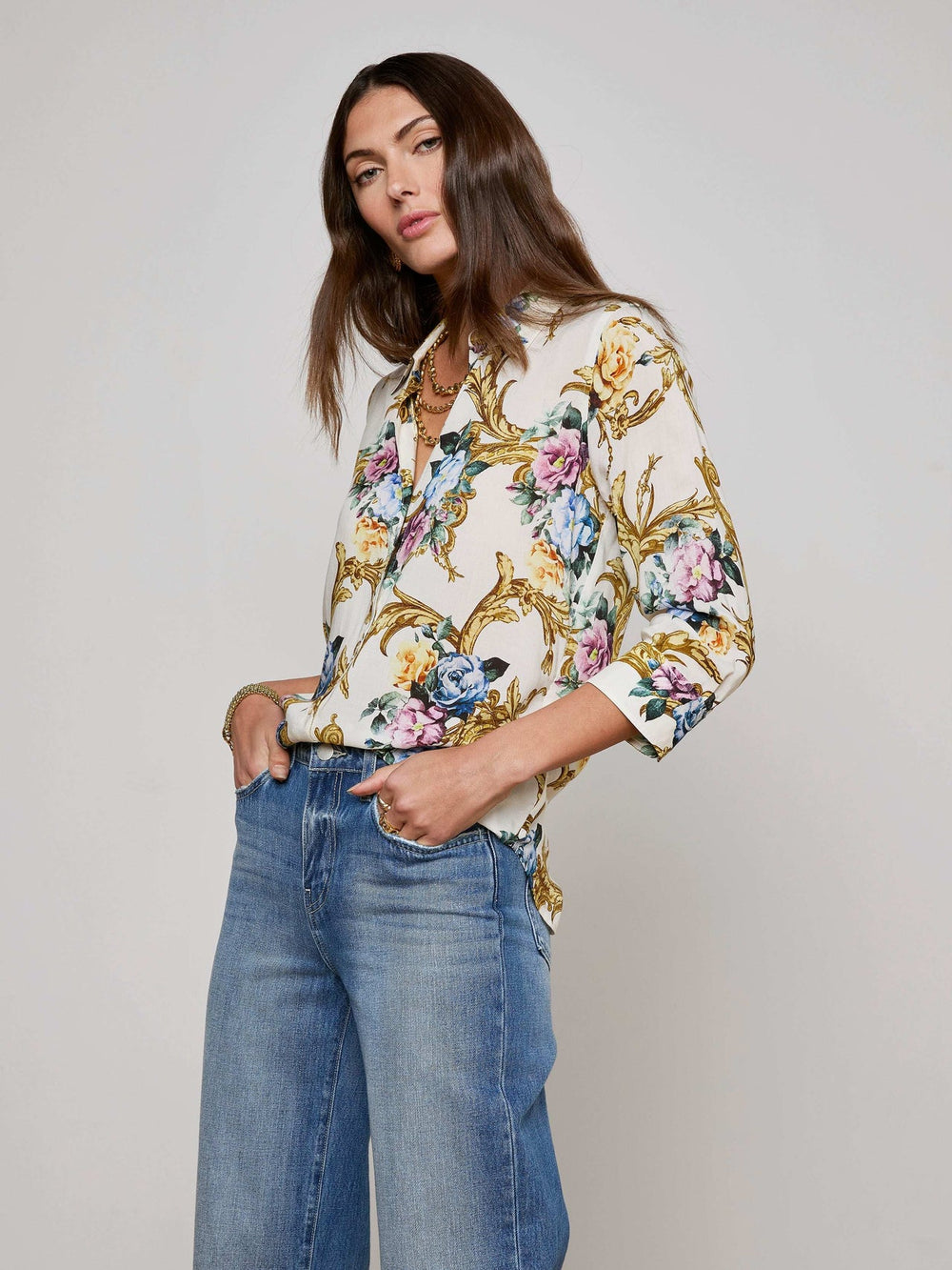 Camille Blouse in Vintage White Small Floral Baroque