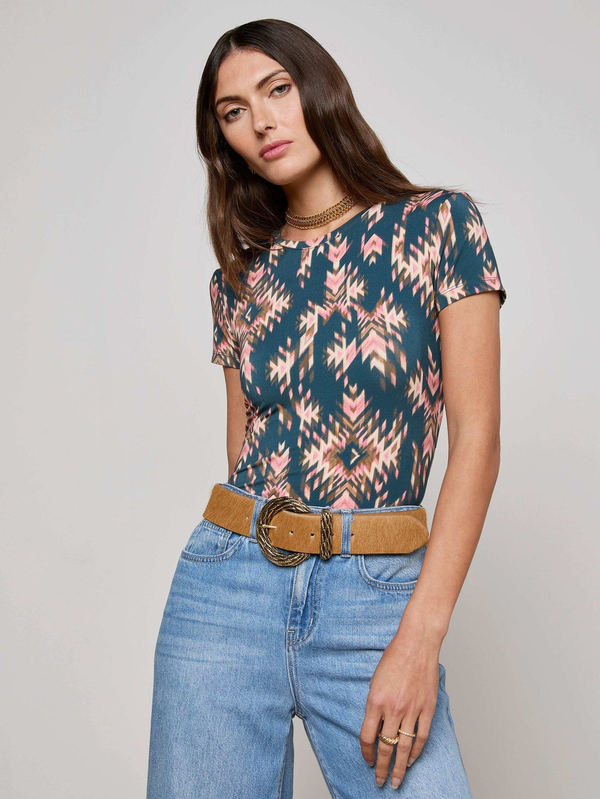 Ressi Fitted Tee in Charcoal Multi Ganado Print