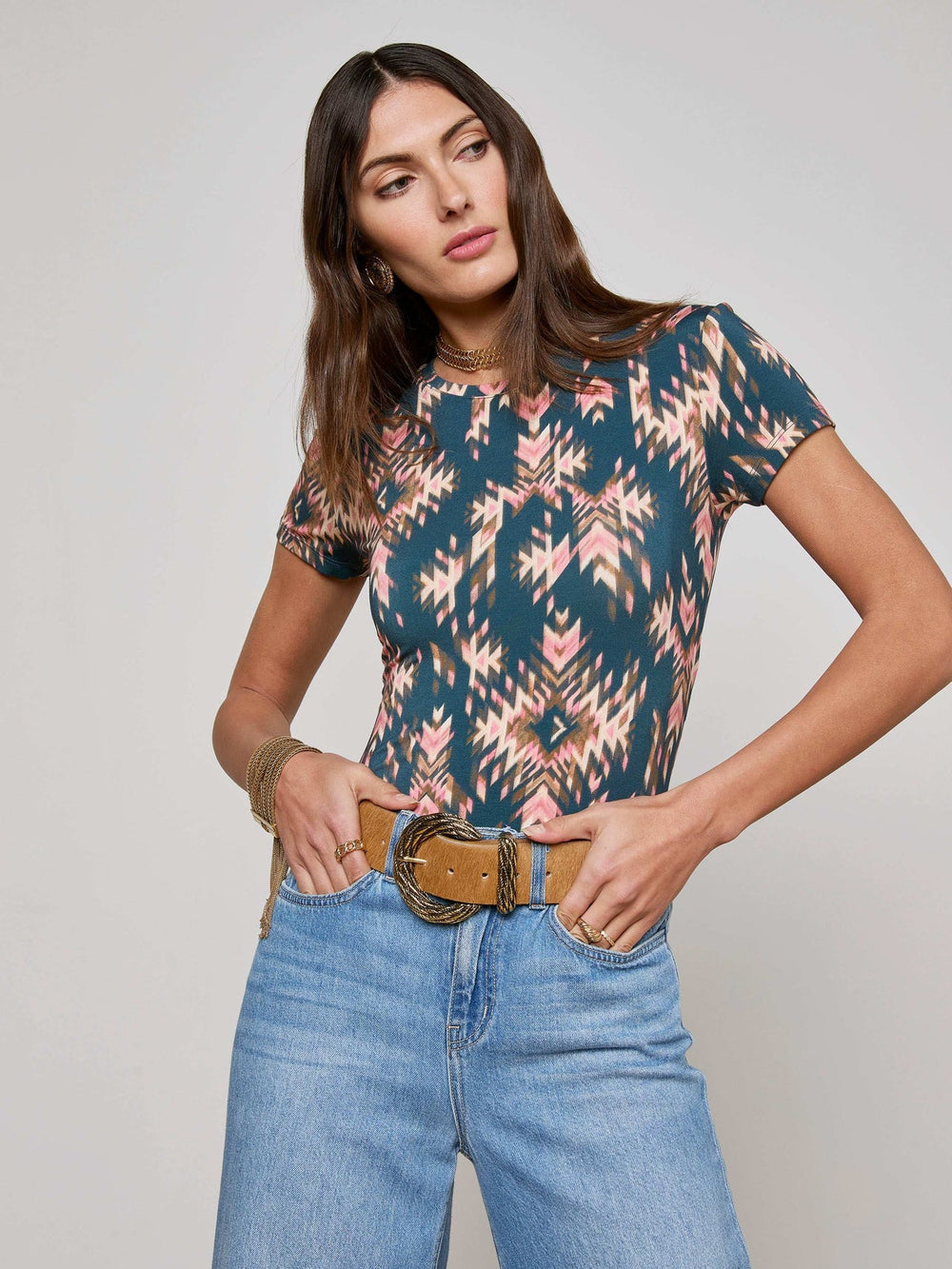 Ressi Fitted Tee in Charcoal Multi Ganado Print