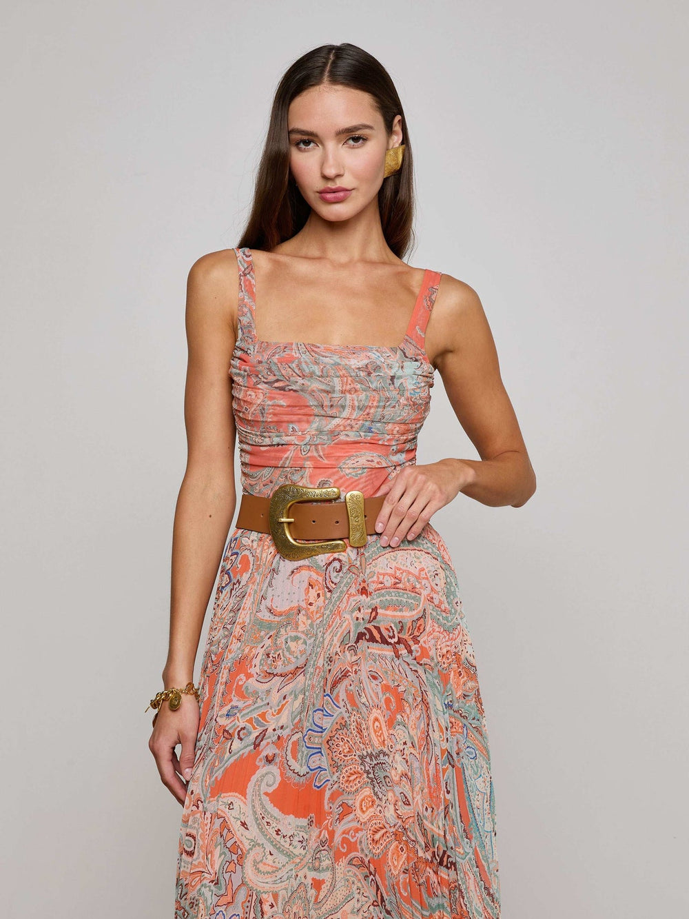 Rasha Mesh Paisley Tank in Orange/Light Blue Paisley Print