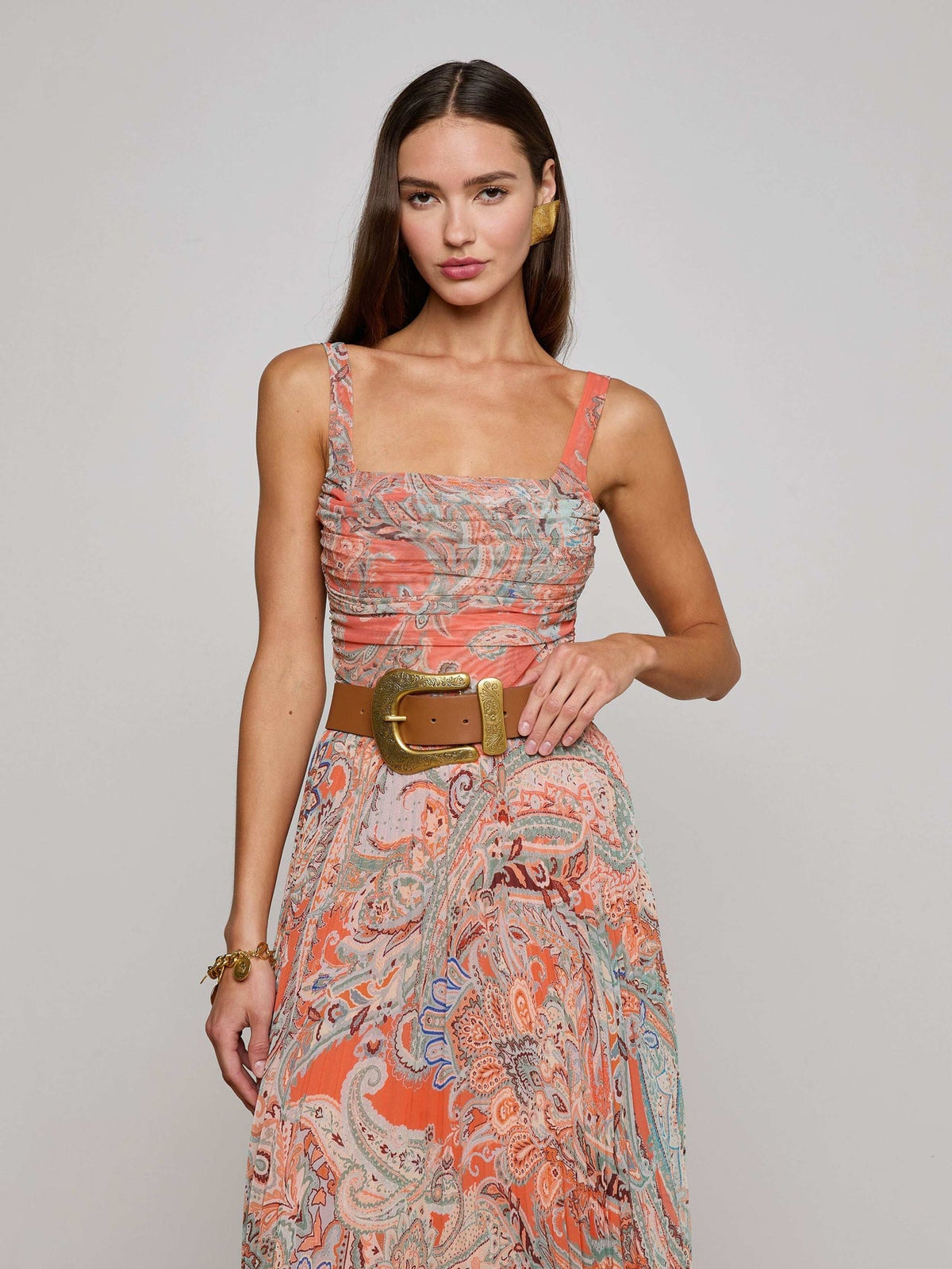 Rasha Mesh Paisley Tank in Orange/Light Blue Paisley Print