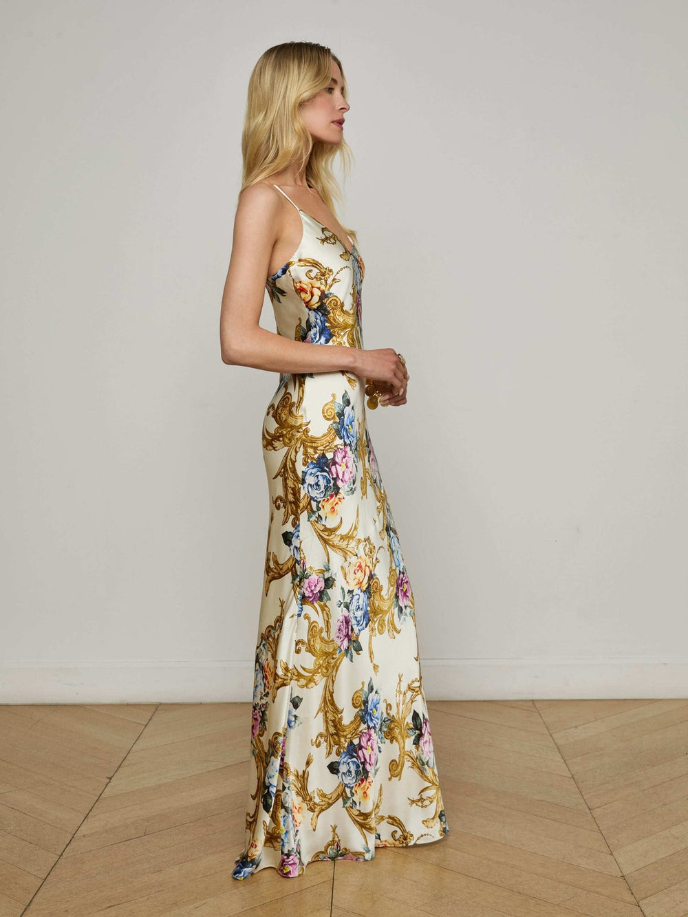Serita Silk Gown in Vintage White Large Floral Baroque