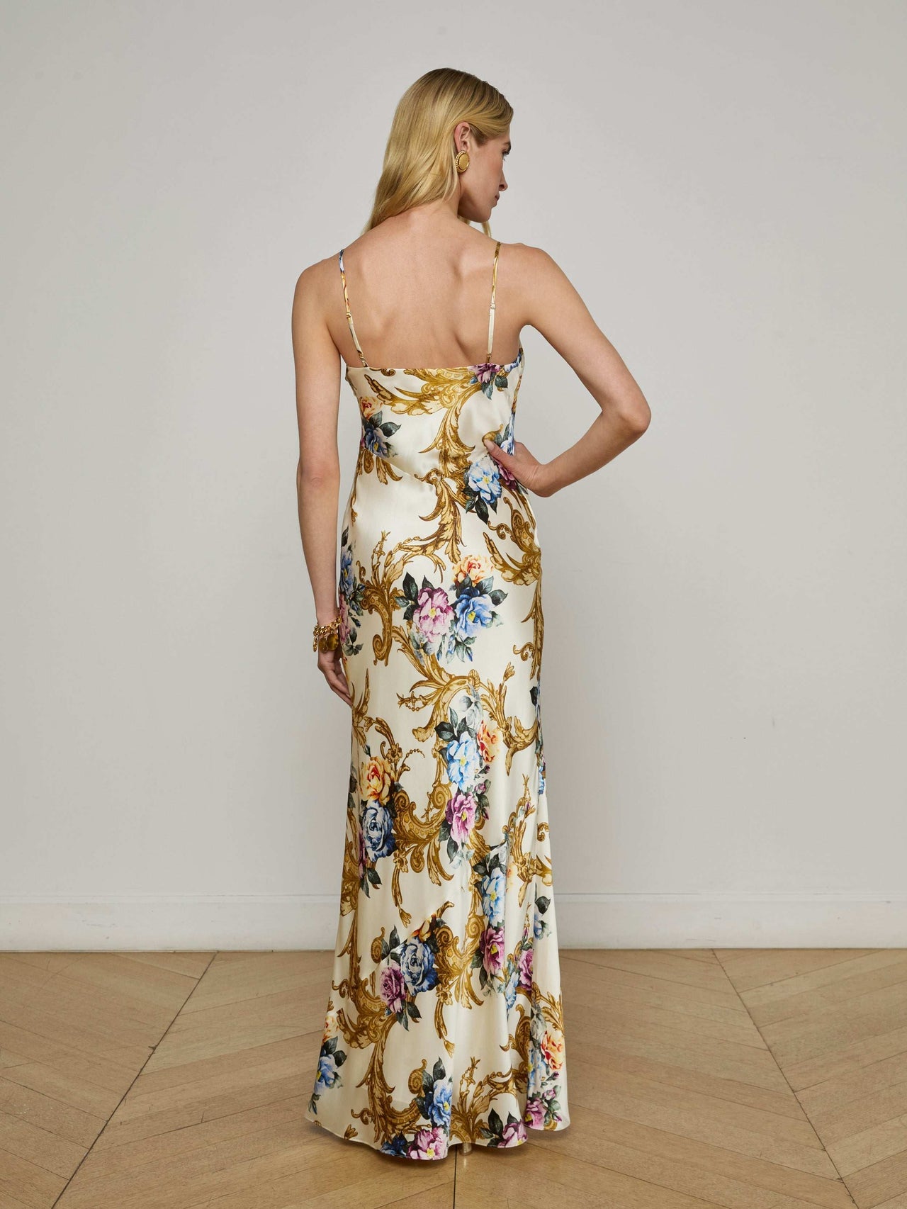 Serita Silk Gown in Vintage White Large Floral Baroque