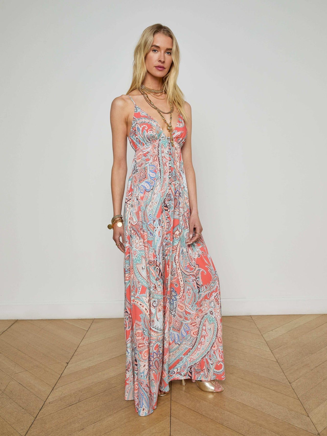 Stefani Maxi Dress in Orange/Light Blue Traditional Paisley